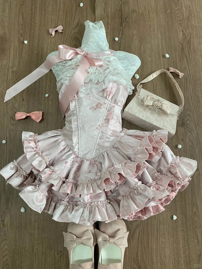 Spring Y2K Princess Outfits Women 2 Piece Sets Sweet Kawaii Bow Tops + Lace Pleated Skirt Female Retro Chic Preppy Style Clothes