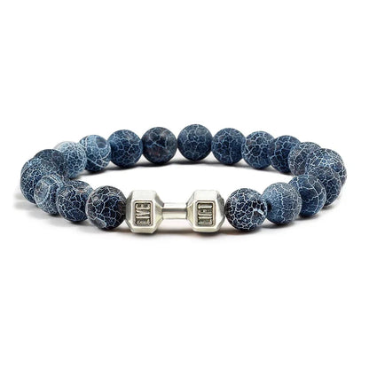 Bracelet en pierre volcanique naturelle pour hommes, perles mates noires, breloque haltère, bracelets à breloques pour femmes, bijoux de fitness