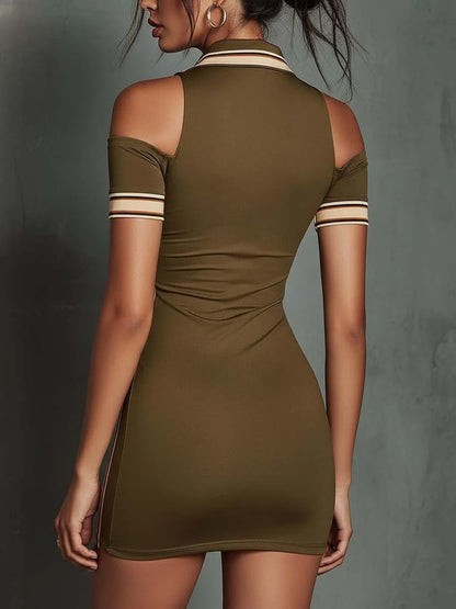 Striped Print Mini Dresses Elegant Off Shoulder Short Sleeve Bodycon Dresses Fashion Patchwork Holiday Casual Ladies Club Dress