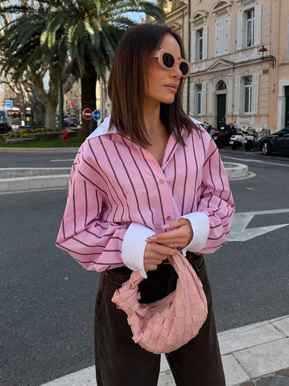HH 2026 Female Fashion Versatile Blouse Top Women Spring Pink Striped Lapel Long Sleeve Single Breasted Decoration Casual Shirt