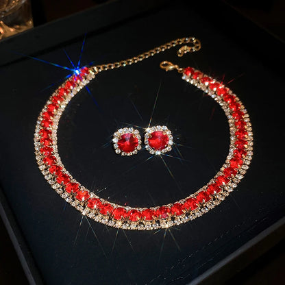 Luxury Green Rhinestone Necklace Stud Earrings For Women Crystal Choker Necklaces Ladies Fashion Weddings Banquet Jewelry Set K