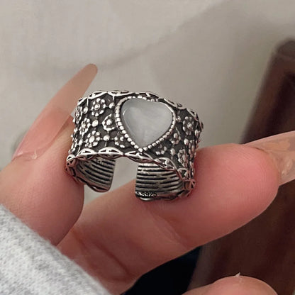 Bagues en argent sterling 925 pour femmes, bijoux fins géométriques, bague ajustable large en forme de cœur avec pierre, pour fête, cadeau d'anniversaire