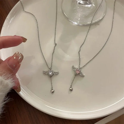 2PCS 925 Sterling Silver Heart Angel Wings Pendant Choker Necklaces for Woman Girls Party Jewelry Accessories Jewellery Women