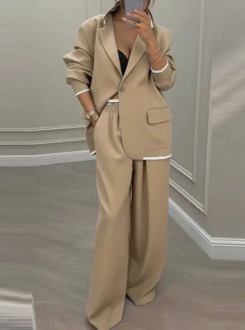 Two Piece Set Women Outfit 2025 Spring Autumn New Grey Commuting Notched Collar Long Sleeve Blazer & High Waist Pants Set