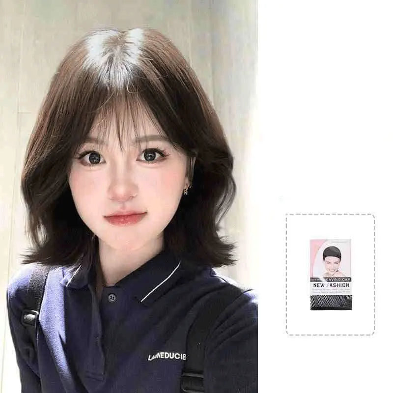 Wig Women's Full Head Covering, Korean Cute Short Hair, Egg Roll Hairstyle, Simulated Human Hair, Natural High Skull Top Short C