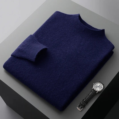 New Men's 100% Merino Wool Mock Neck Pullover Soft Warm Jumpers Quality Cashmere Sweater Casual Smart Knitwear Basic Tops Clothi