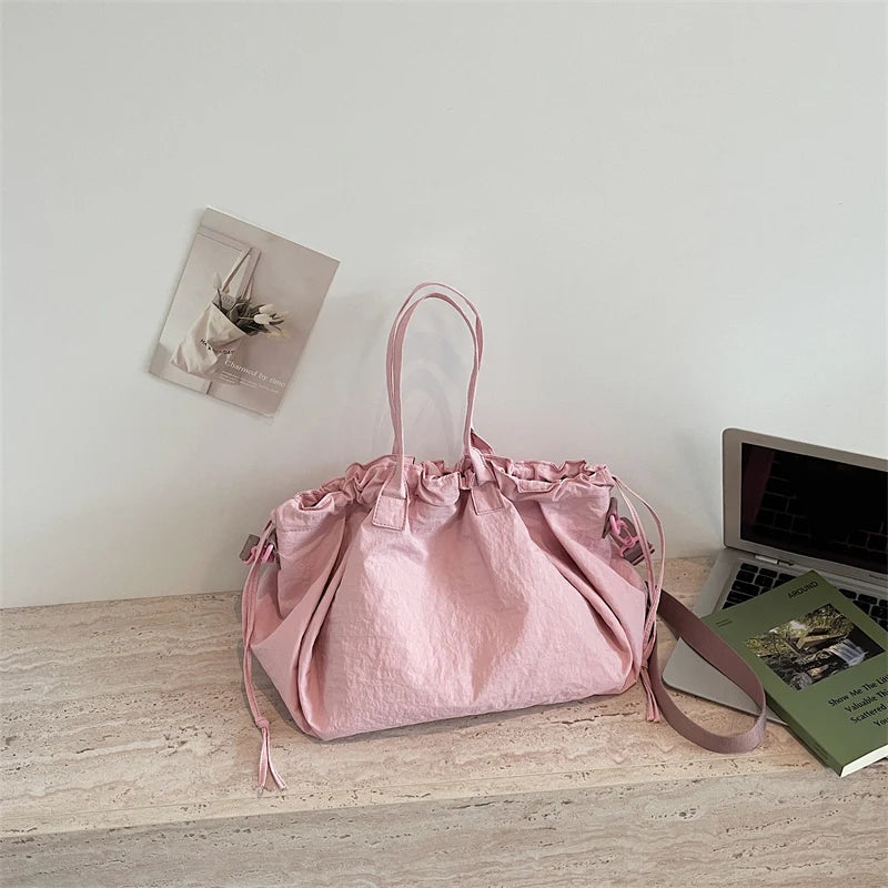 Big Drawstring Bucket Shoulder Bags For Women Nylon Fabric Lightweight Large Capacity Shopper Totes Pure Color Practical Handbag