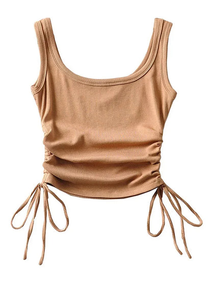 New Arrival Girls Casual Solid Colour Two Side Drawstring Vest Folds Shirring Sexy Tank&Camis