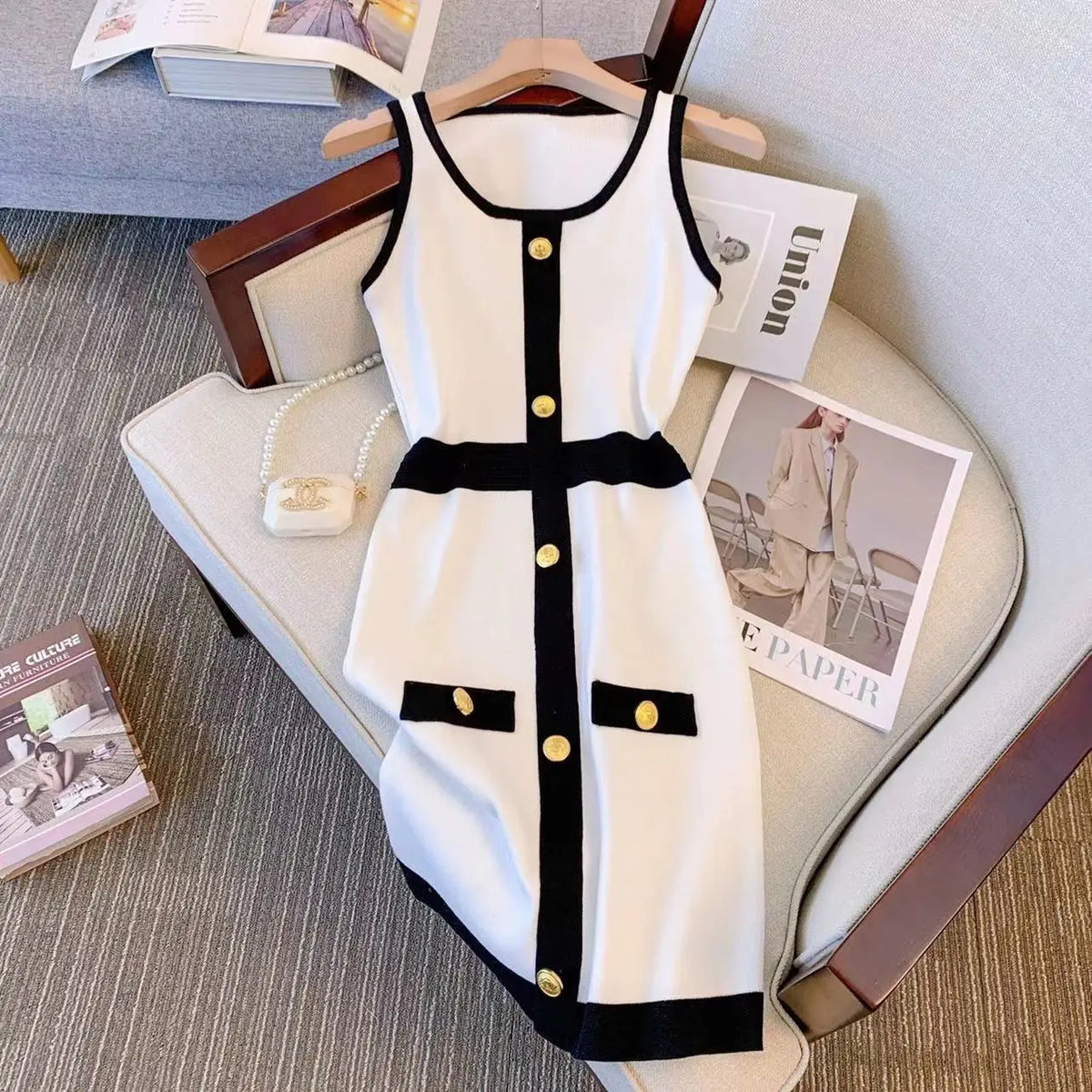 Short Mini Knitted Dress Women Summer Casual Metal Single Breasted Slim Dresses High Waist Elegant O-neck Dress Sleeveless