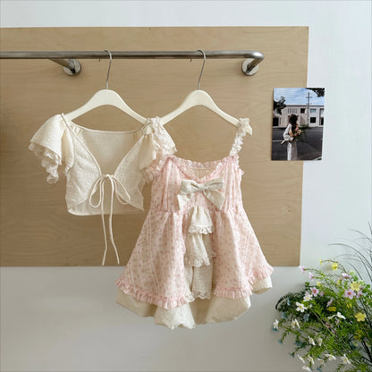 Spring Y2K Princess Outfits Women 2 Piece Sets Sweet Kawaii Bow Tops + Lace Pleated Skirt Female Retro Chic Preppy Style Clothes