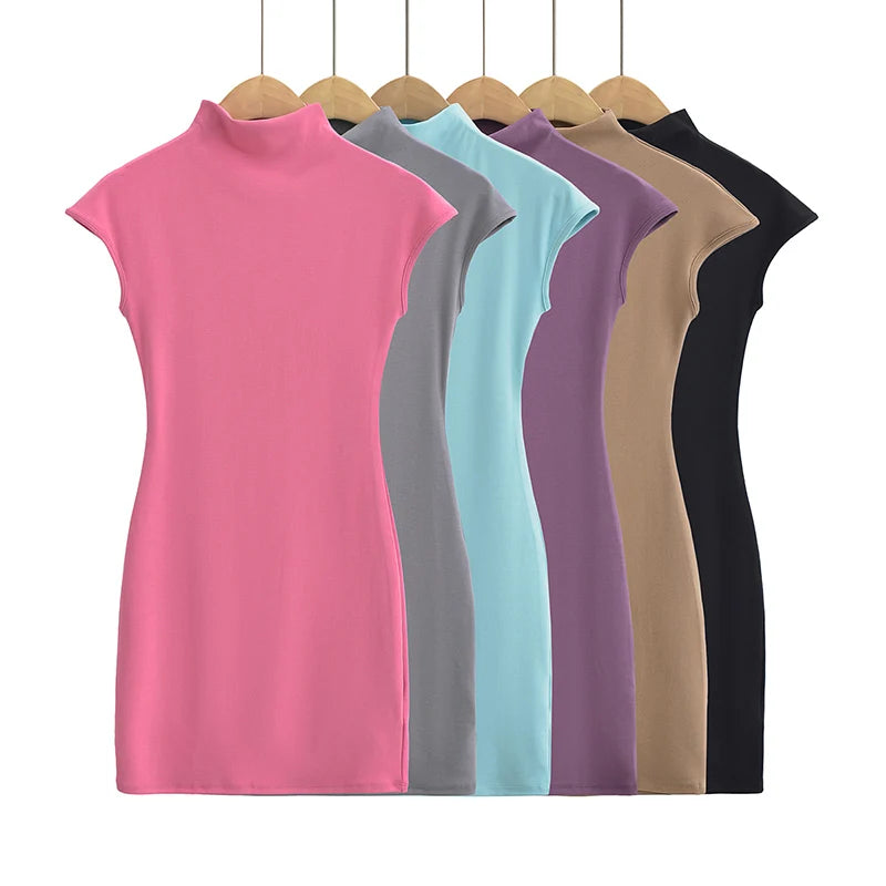 Mini dresses for women 2024 Summer knitted dress sexy vintage clothes black dresses short sleeve turtleneck pink dress bodycon