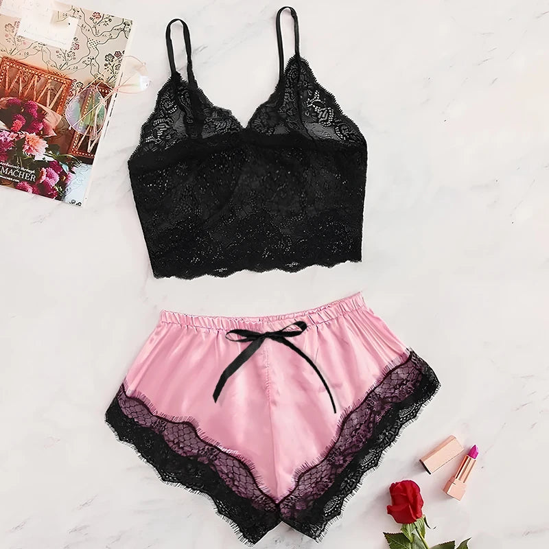 Ensemble de pyjama sexy 2 pièces en dentelle pour femme, nuisette transparente et short, vêtement de nuit respirant, grande taille, lingerie d'été.