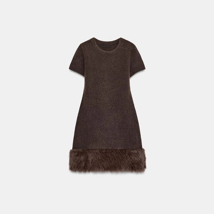 Sexy Fur Patchwork Party Dress Women Brown Slim Short Sleeve O-neck Short Dresses 2025 Fashion Evening Solid Robe Lary