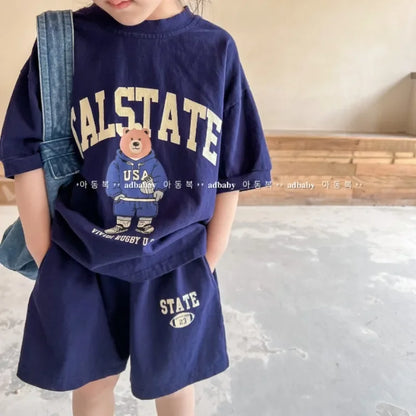 2pcs Summer Baby Clothes Set Children Boy Girl Cartoon Bear T-shirts and Shorts Suit Kid Casual Top Bottom Outfits Tracksuits