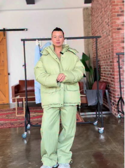 Women Striped Ski Suit 2 Pieces Set Hooded Puffer Jacket Wide Leg Snow Pants Winter Warm Waterproof Snowboard Outfit Tracksuit