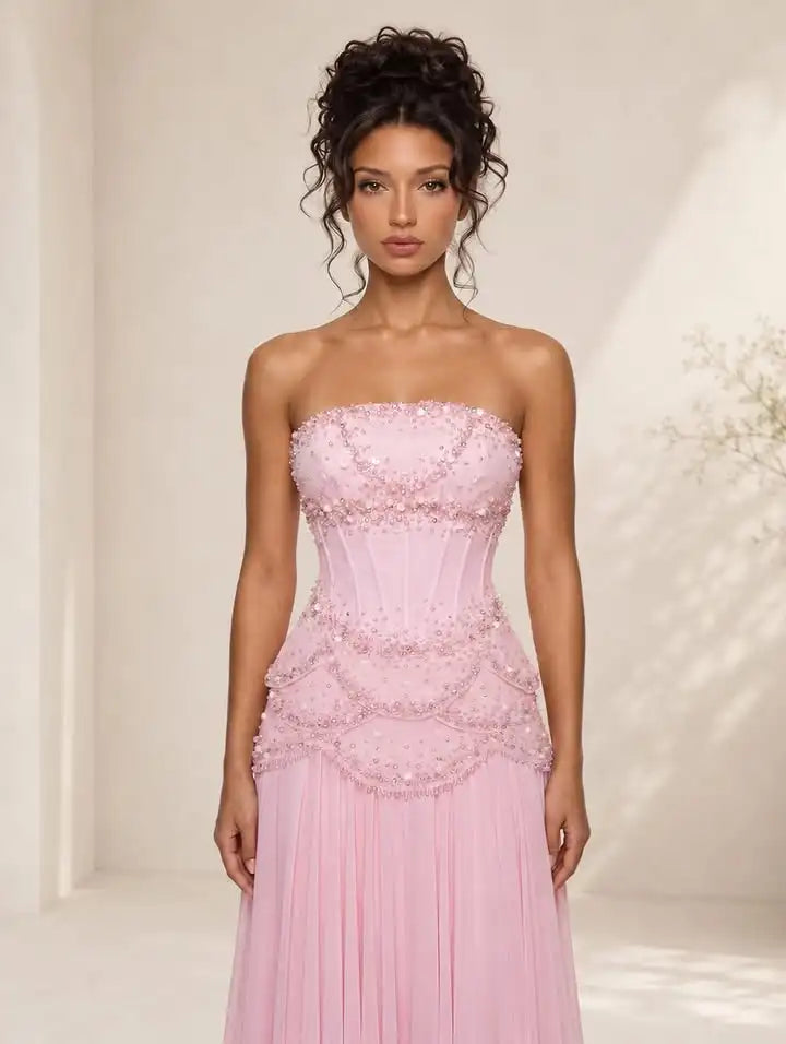 Dresses For Woman Evening Dresses Strapless Beaded Corset Chiffon Dress Vestidos De Fiesta Elegantes فستان سهرة وردي فاخر