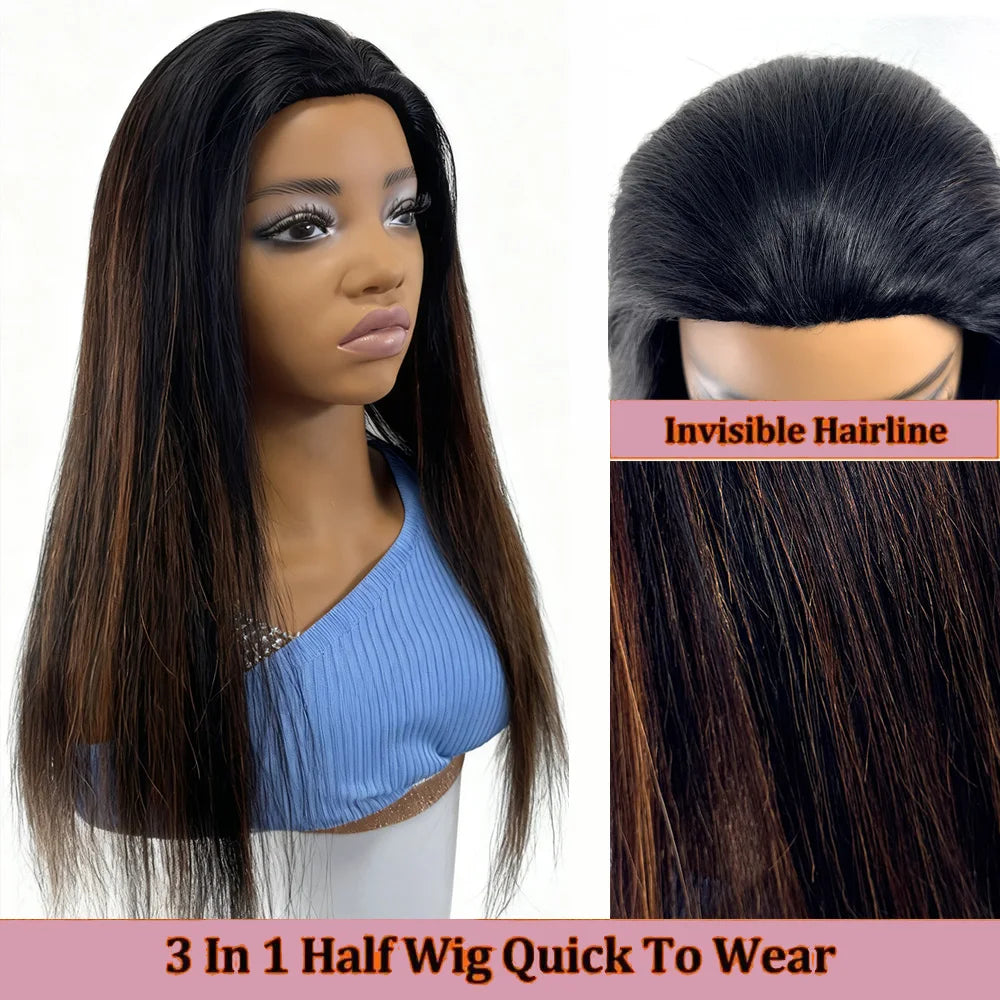 Machine Made Human Hair Half Wig Human Hair with Drawstring - Seamless Flip Over Wig, 1B/30 Color Straight Hair, 3-in-1 Design