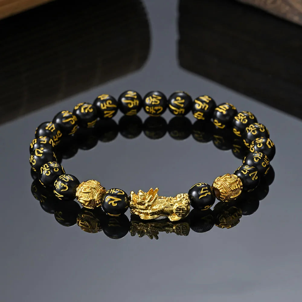 Bracelet Feng Shui de richesse et de chance, bracelet Pixiu Feng Shui en obsidienne noire, prospérité, perles Bouddha, bracelet élastique