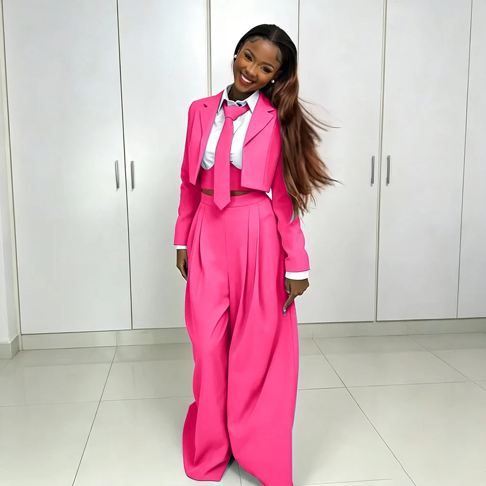 Women's Red Suit Two Piece Set Short Blazer+Wide Leg Pants Elegant Formal Fashion Daily Smart Casual Party Tuxedo Customized