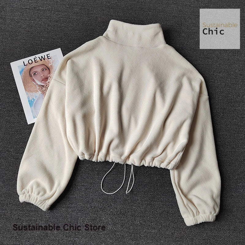 Korean sports coat lambswool collar loose drawstring zipper sweater women autumn and winter fashion hot girl warm yoga clothes