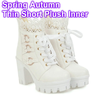 Women Chunky Platform Ankle Boots Lolita Super High Heel Lace Up Boots Sweet Lace Back Zipper Princess Cosplay Shoes Black White