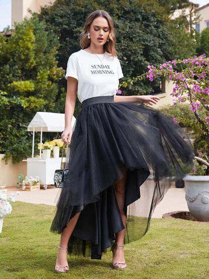 MisShow Jupe longue asymétrique en tulle style gothique punk pour femme, taille élastique, maille, costume de soirée, bal, cocktail, longue robe tutu