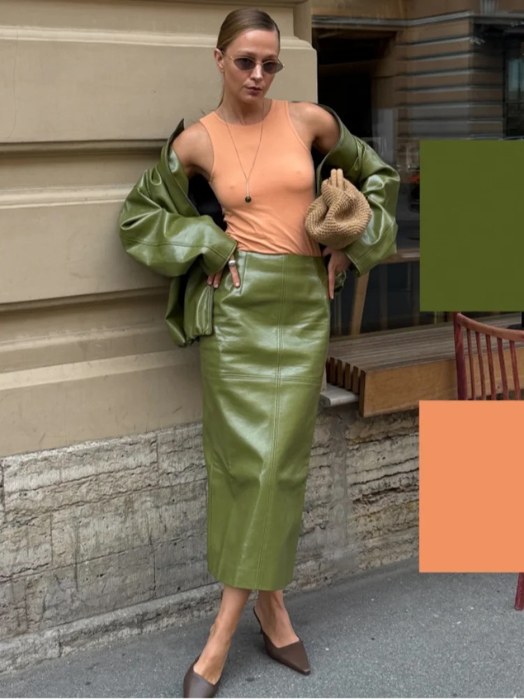 PU Leather Strapless Dresses Coat Women's Two Pieces Set Vintage Stand Jackets Long Straight Skirts 2025 Autumn Street Outfits