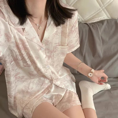 Ensemble pyjama en soie imprimé cerises pour femme, chemise à manches courtes et short, deux pièces, vêtements de nuit, d'intérieur, pour l'été.
