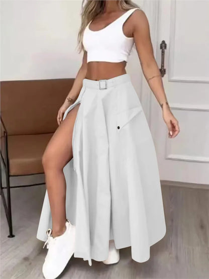 Women Fashion Solid Casual High Waist Skirt Set Summer White Tank Zipper Decoration With Belts Pockets High Slit Maxi Skirt Sets