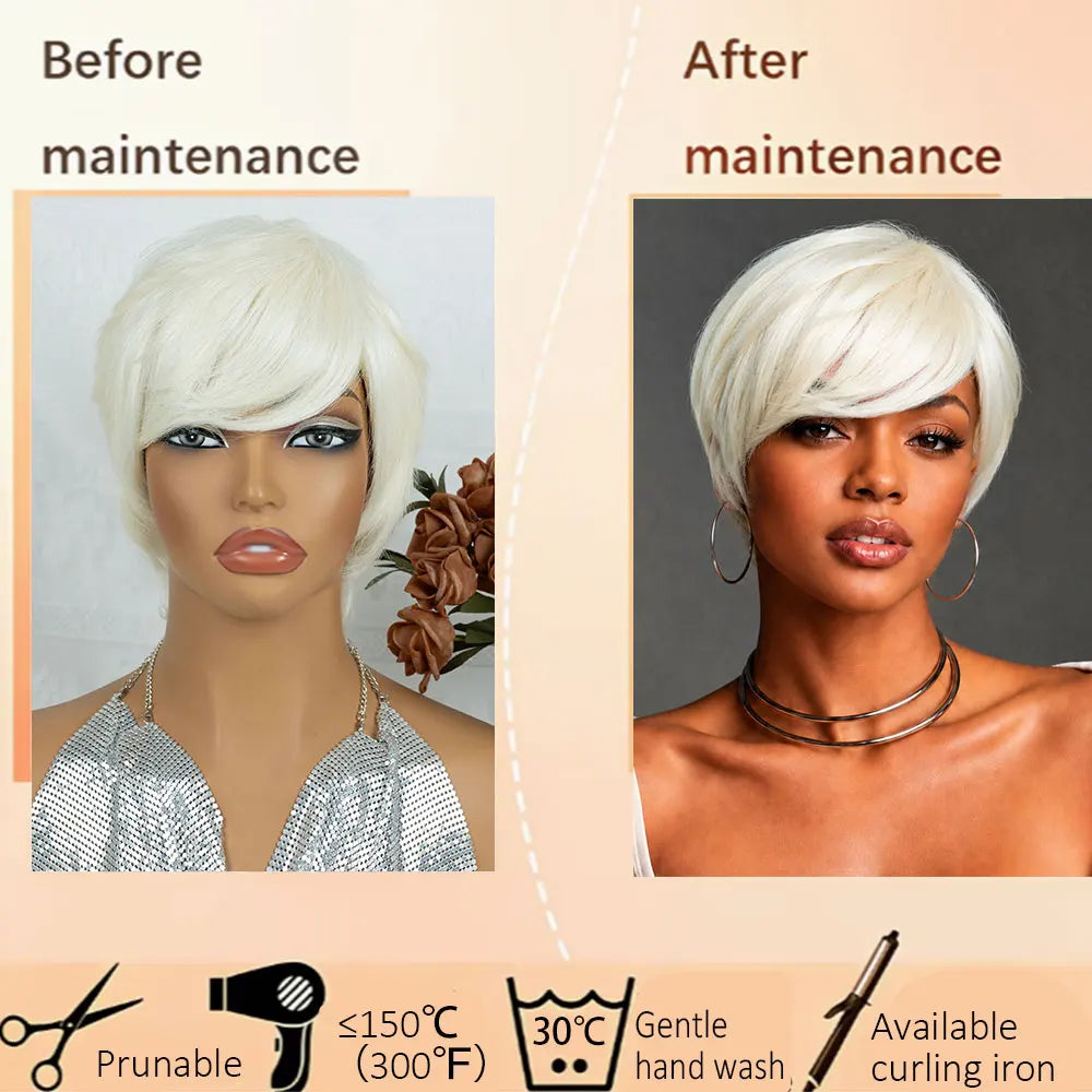 Human Hair Pixie Cut Wig Glueless Full Machine Made Short Straight Hair White Blond Color 100% Human Hair Wigs, 180% Density