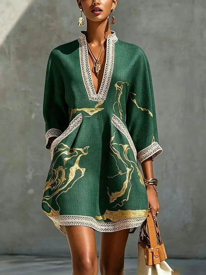 B Elegant Mini Dress for Women Fashion Lace Trim V Neck Abstract Print 3/4 Sleeve Pocket Dress Casual Commuting Vacation Dresses