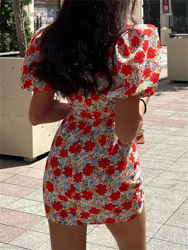 Mini Dress For Women Summer Printed Fashion Short Sleeve  Contrast V-Neck Elegant Dress Female Bodycon Dress New