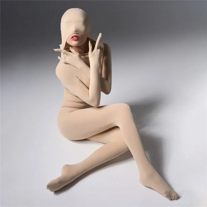 Combinaison moulante pour femme avec capuche, unité très élastique, huile brillante et lustrée, body sexy, gants à cinq doigts, collants gainants et fuselés.