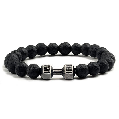 Bracelet en pierre volcanique naturelle pour hommes, perles mates noires, breloque haltère, bracelets à breloques pour femmes, bijoux de fitness