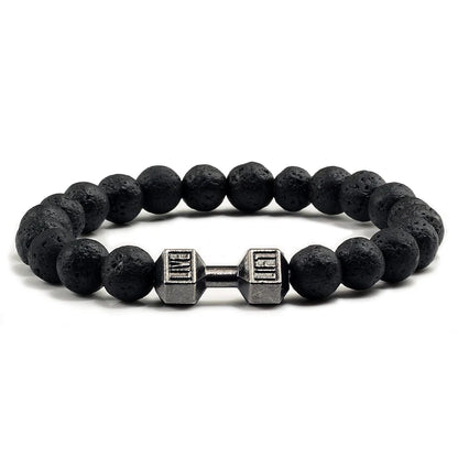 Bracelet en pierre volcanique naturelle pour hommes, perles mates noires, breloque haltère, bracelets à breloques pour femmes, bijoux de fitness