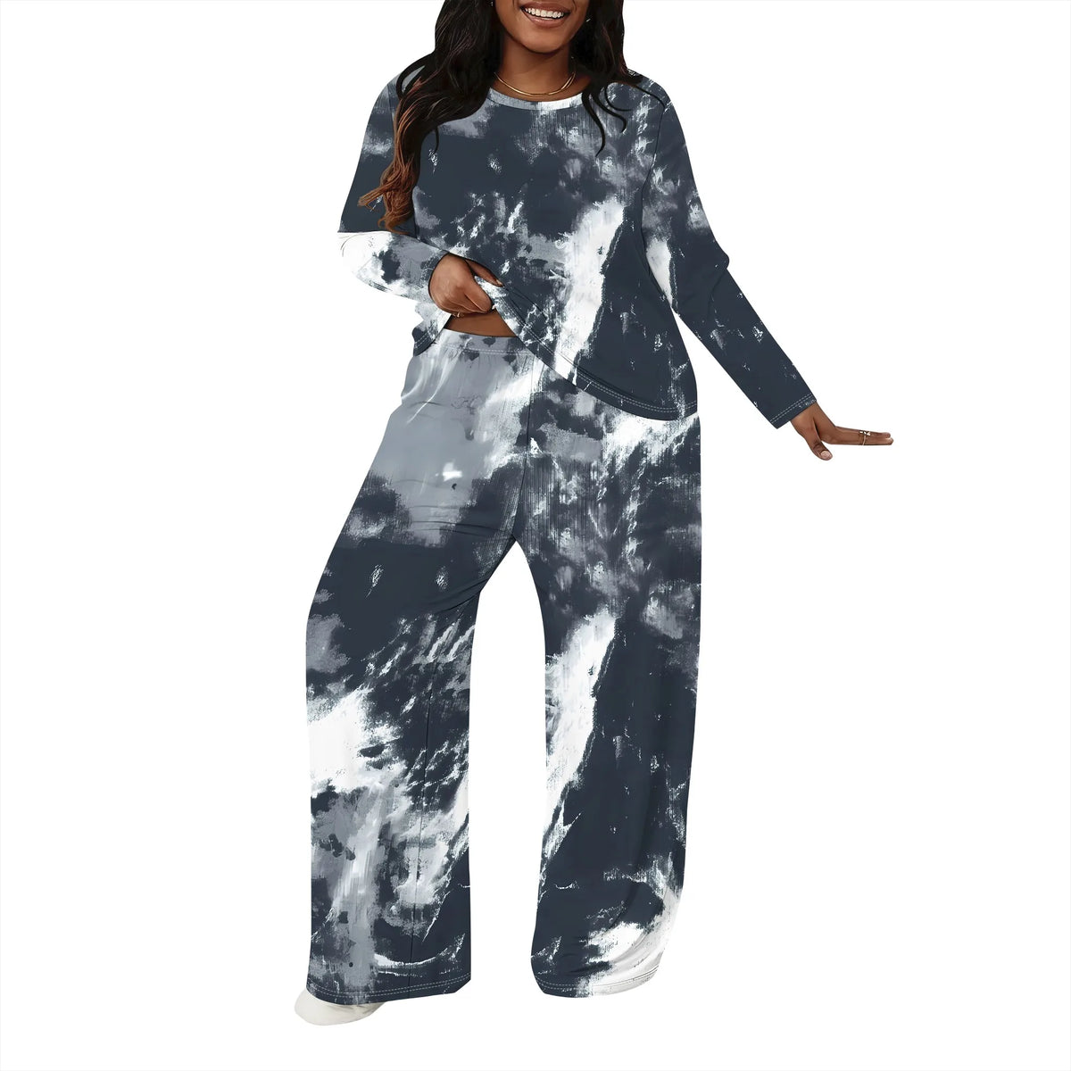 Plus size Women two-piece set with 3D geometric print casual loose round neck long sleeved two-piece set (pocket)