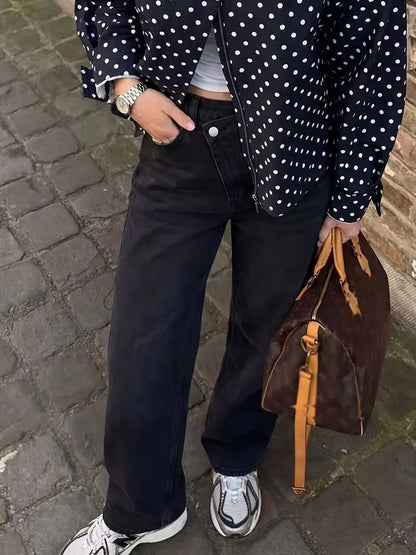 HH Jeans Évasés Taille Croisée Tendance pour Femmes Boutons Asymétriques Taille Haute Jean Baggy en Denim pour Tenues Streetwear et Y2K
