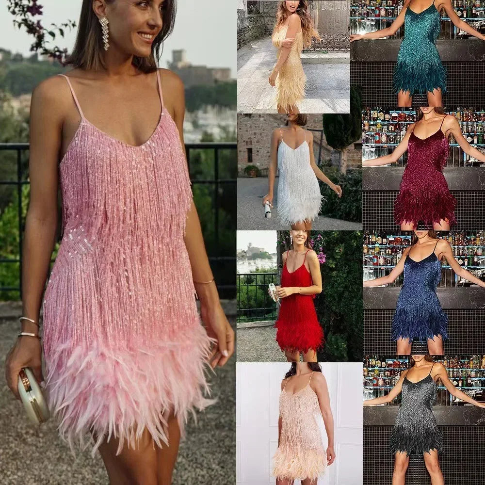 Party Dress Evening Luxury Women Clothes Tassel Fringed Sexy Bodycon Dress Club Outfits Vestidos Pink black red