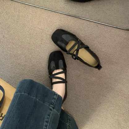 Spring Ballet Flats Women Comfy Splicing Leather Square Toe Mary Janes Elastic Cross Straps Vintage Sporty Ladies Footwear Shoes