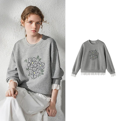 TOYOUTH Women's Floral Embroidered Lace Splicing Fake Two Piece Sweatshirt 2026 Autumn New Round Neck Loose Fit
