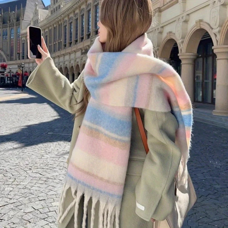Plaid Scarf Winter New - Faux Cashmere Maillard Style, Korean Warm Vintage Fashion Thick Wrap for Women