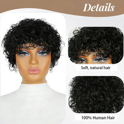 Short Water Wave Human Hair Wig with Bangs Short Pixie Cut Wigs for Black Women Brazilian Virgin Human Hair Machine Made Wigs