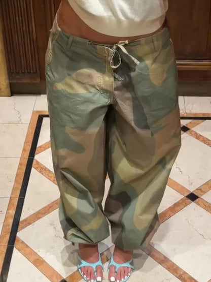 Women Camouflage Cargo Long Pants High Waist Wide Leg Drawstring Hem Baggy Trousers 2026 Autumn Casual Chic Vintage Streetwear