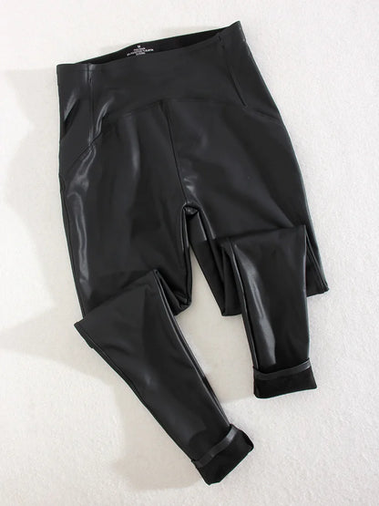 Winter Thin Fleece Pu Leather Leggings For Women High Waist Stretch Basic Faux Leather Pants Velvet Black PU  Warm Legging Women