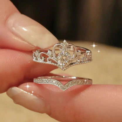 2 bagues couronne scintillantes de fée pour femmes adolescentes, en cristal coréen, ajustables, argentées, cadeau d'anniversaire, ensemble de bagues reine de soirée, bijoux