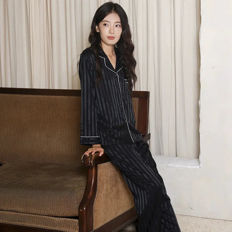 Women Two-Piece Pajamas Lady Sleepwear 2025 New Classic Female Housewear Simulated Silk Summer Cool Long Sleeve Trousers Suit