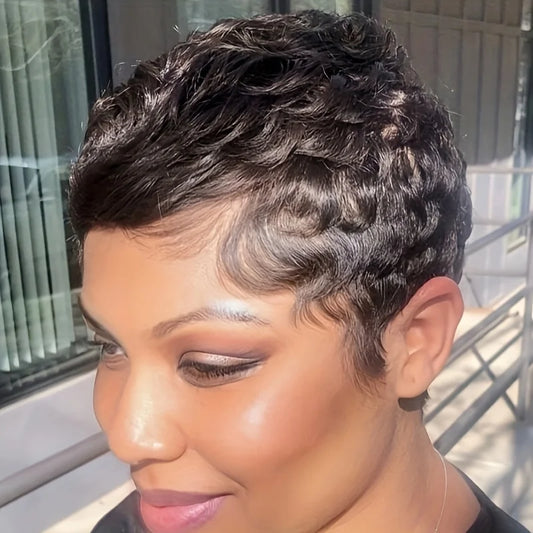 Perruque Pixie Chic pour femmes Cheveux humains vierges brésiliens Perruque courte dégradée noire naturelle Perruque faite à la machine