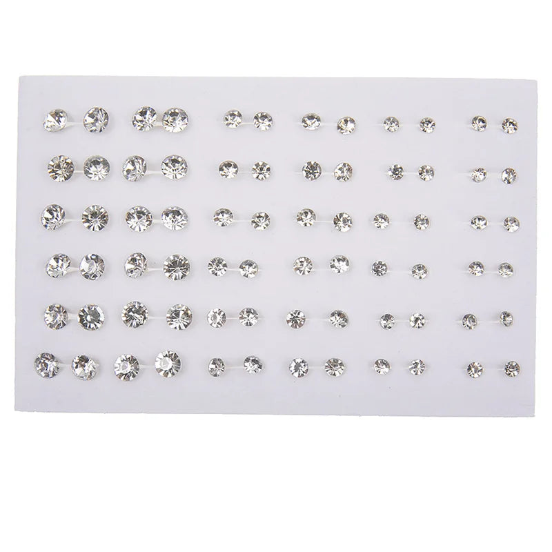 36Pair Mixed Size White Color Crystal Stud Earrings Set Women Girls Small Plastic Geometric Rhinestone Earrings Set Jewelry Gift