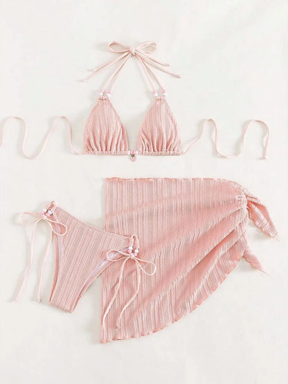 Ensembles de bikinis micro string roses pour femmes 4 pièces avec hauts en maille et jupe maillot de bain tenues de plage biquini