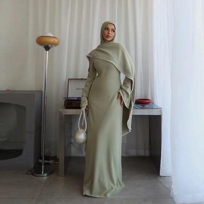 Robe longue Cape avec bordure en perles blanches pour femmes, manches longues, taille cintrée, Abaya musulmane, collection printemps Aïd 2026